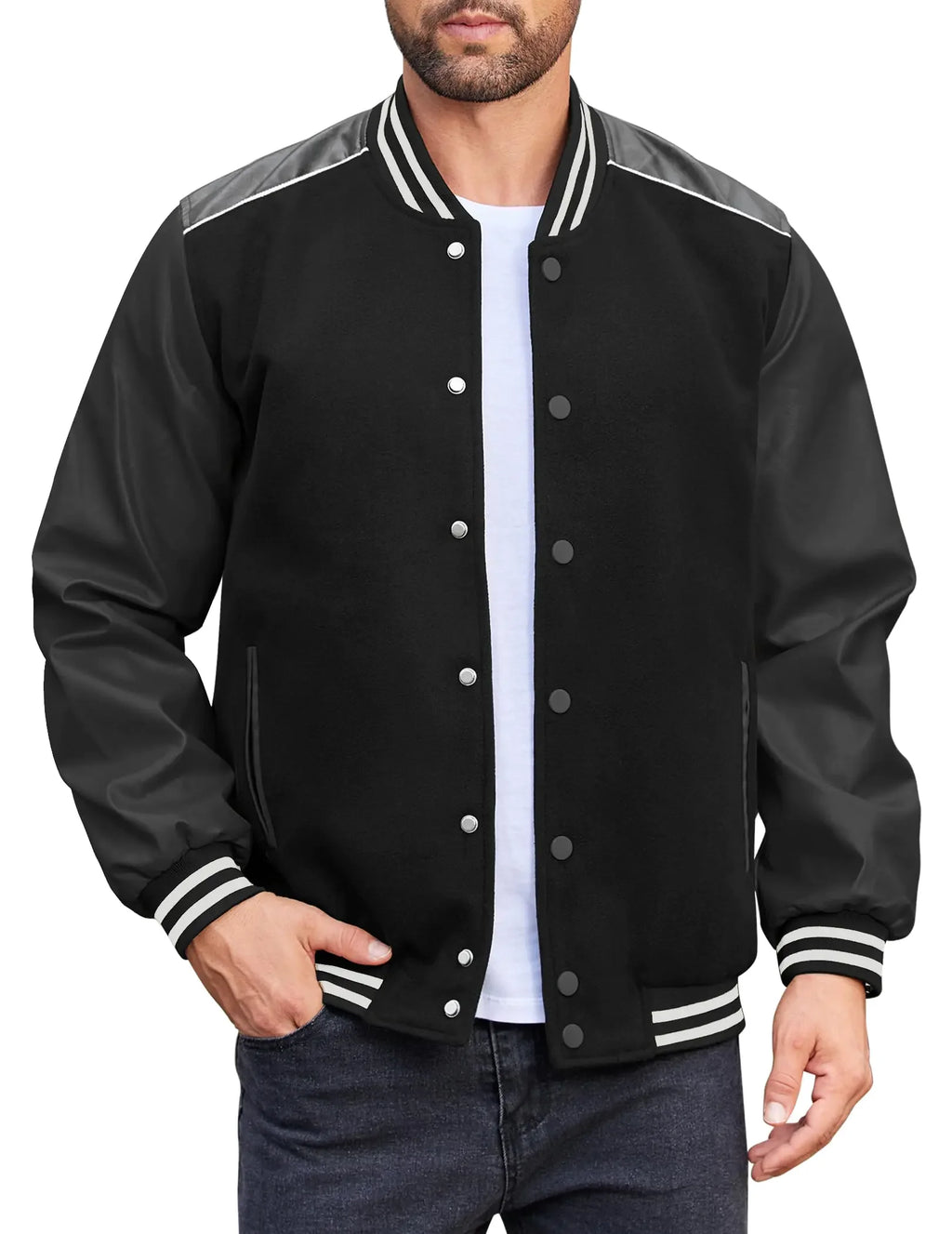 COOFANDY Mens Sweatshirts jacket Varsity Jacket Casual Baseball Bomber Jacket Black Leather Jacket Men Letterman Jacket.