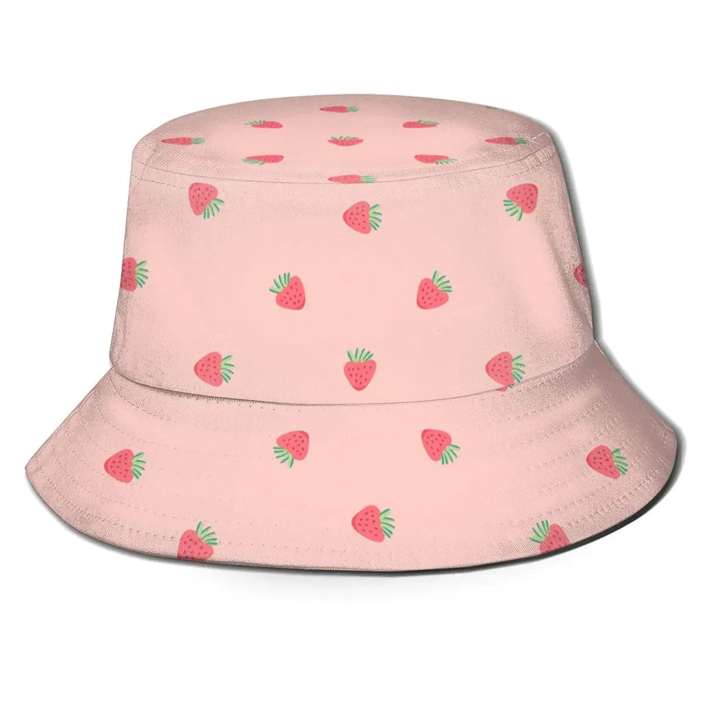 Pink Strawberry Background Unisex Bucket Hat Reversible Fisherman Hat Plant Printed Solid Color Outdoor Sun Hat Packable -