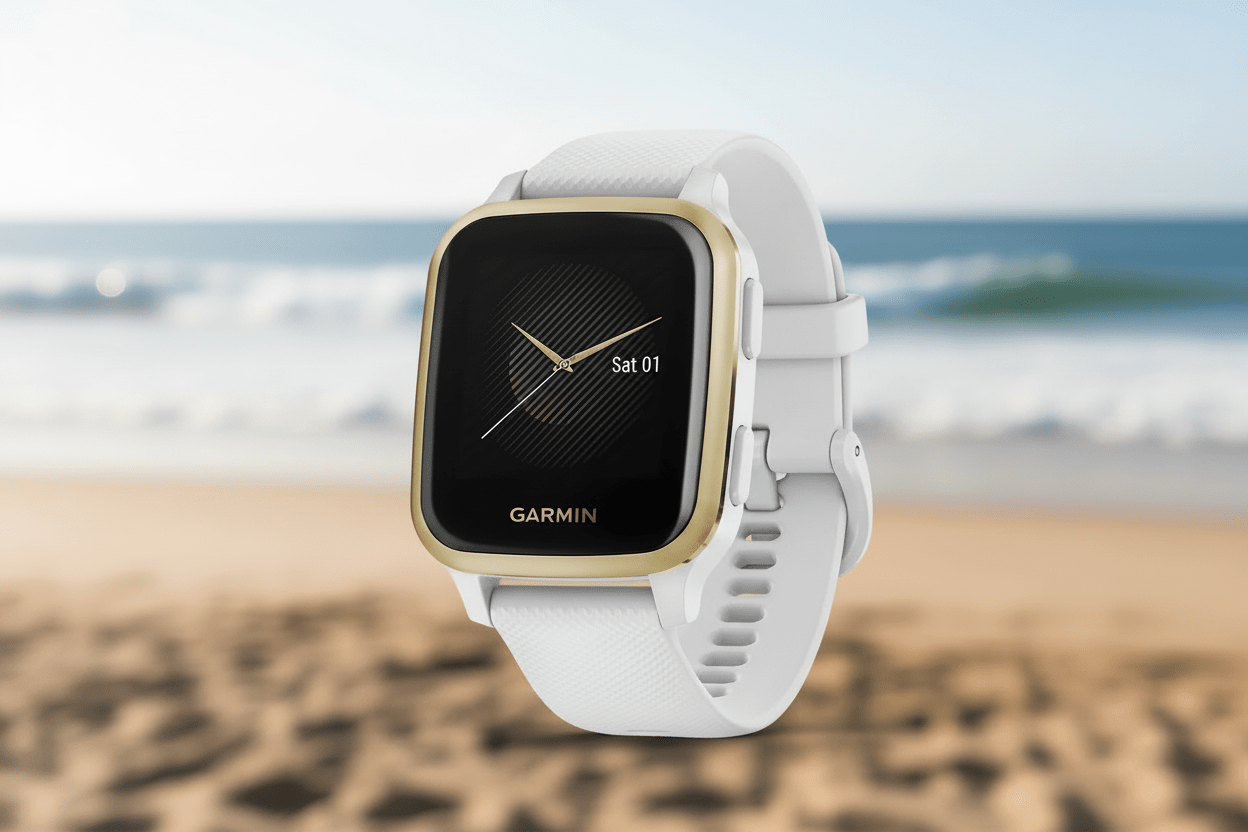 Renewed Garmin Venu Sq GPS Smartwatch - Light Gold and White