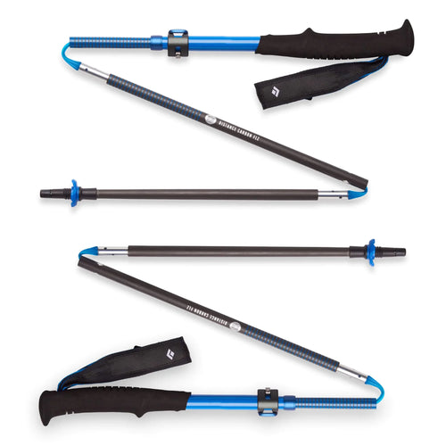 Black Diamond Distance Carbon FLZ trekking and running poles, Ultra Blue, 140 cm, with blue accents.
